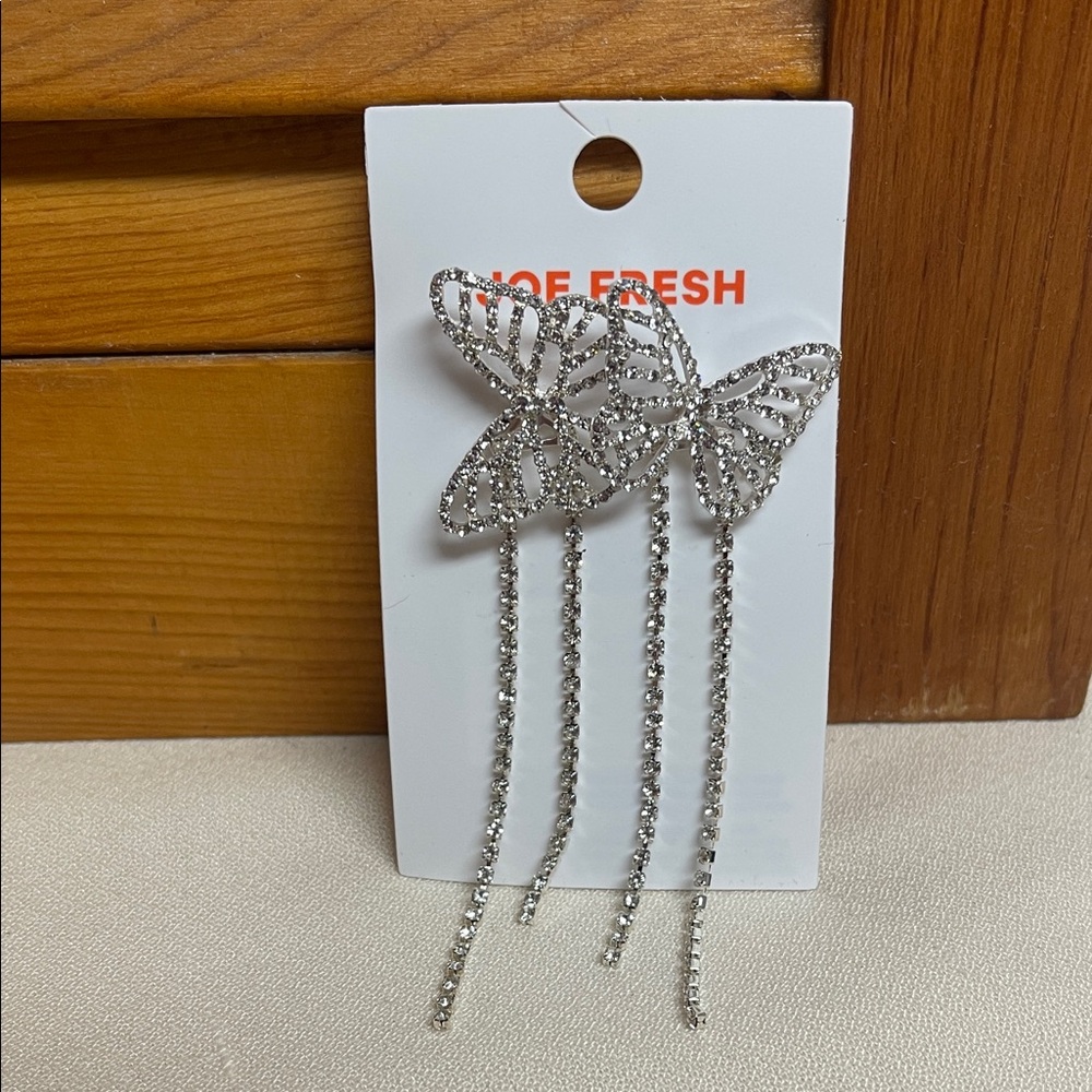 Joe Fresh Silver Rhinestone Butterfly Drop Earrings